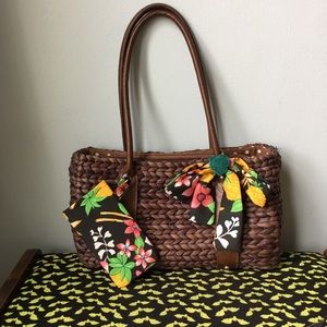 Brown Wicker Woven Purse w/Tiki Accessories Retro